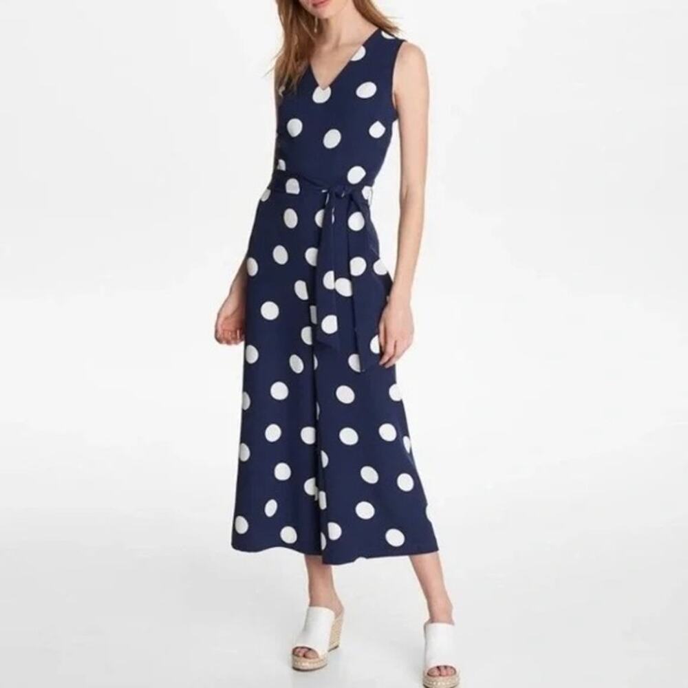Karl Lagerfeld Paris Jumpsuit Womens 14 Navy Blue Polka Dot Wide Leg V-Neck NWOT